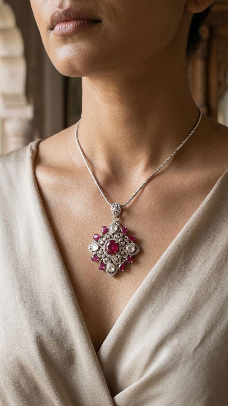 Ruby Ruby Pendant in 92.5 Sterling Silver — Surya Jewellers Jaipur