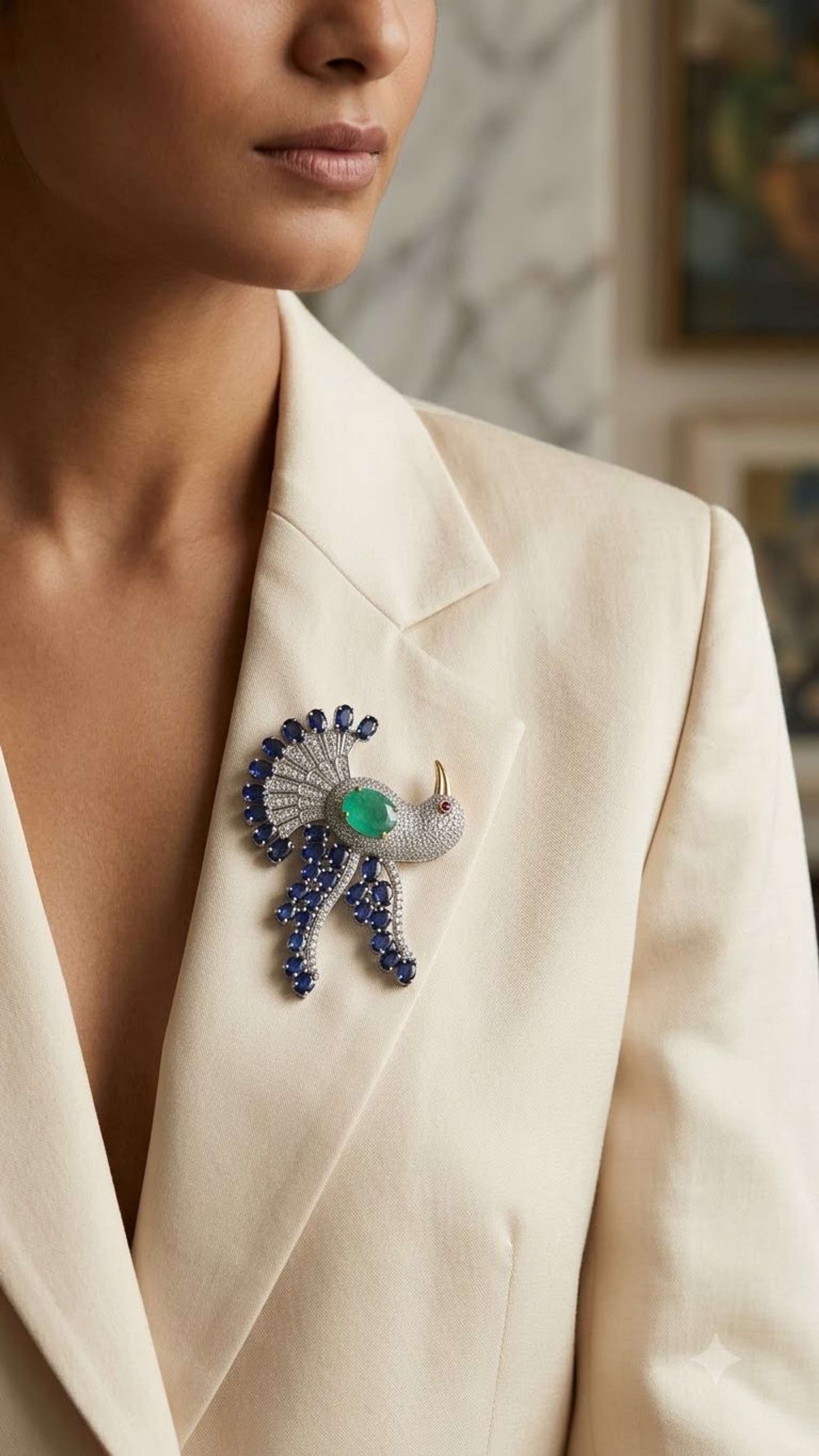 Blue Sapphire Emerald Brooch in 92.5 sterling silver by Surya Jewellers Jaipur