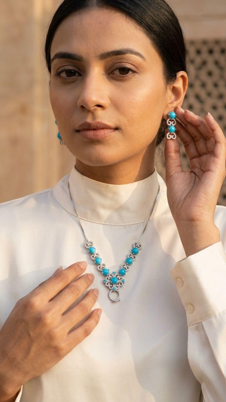 Turquoise Turquoise Necklace in 92.5 Sterling Silver — Surya Jewellers Jaipur