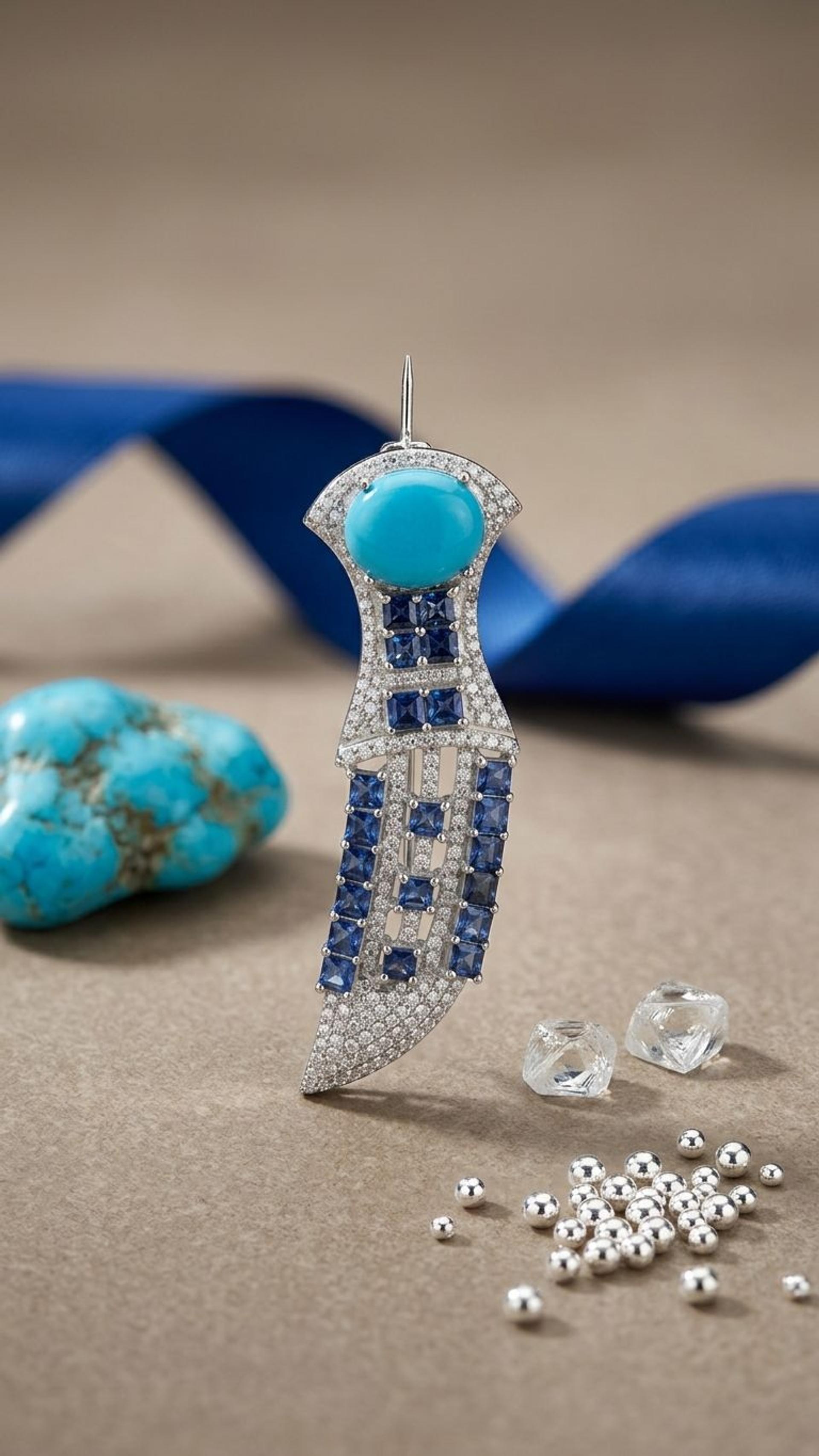 Blue Sapphire Turquoise Brooch view 3 — Brooches in 92.5 Sterling Silver