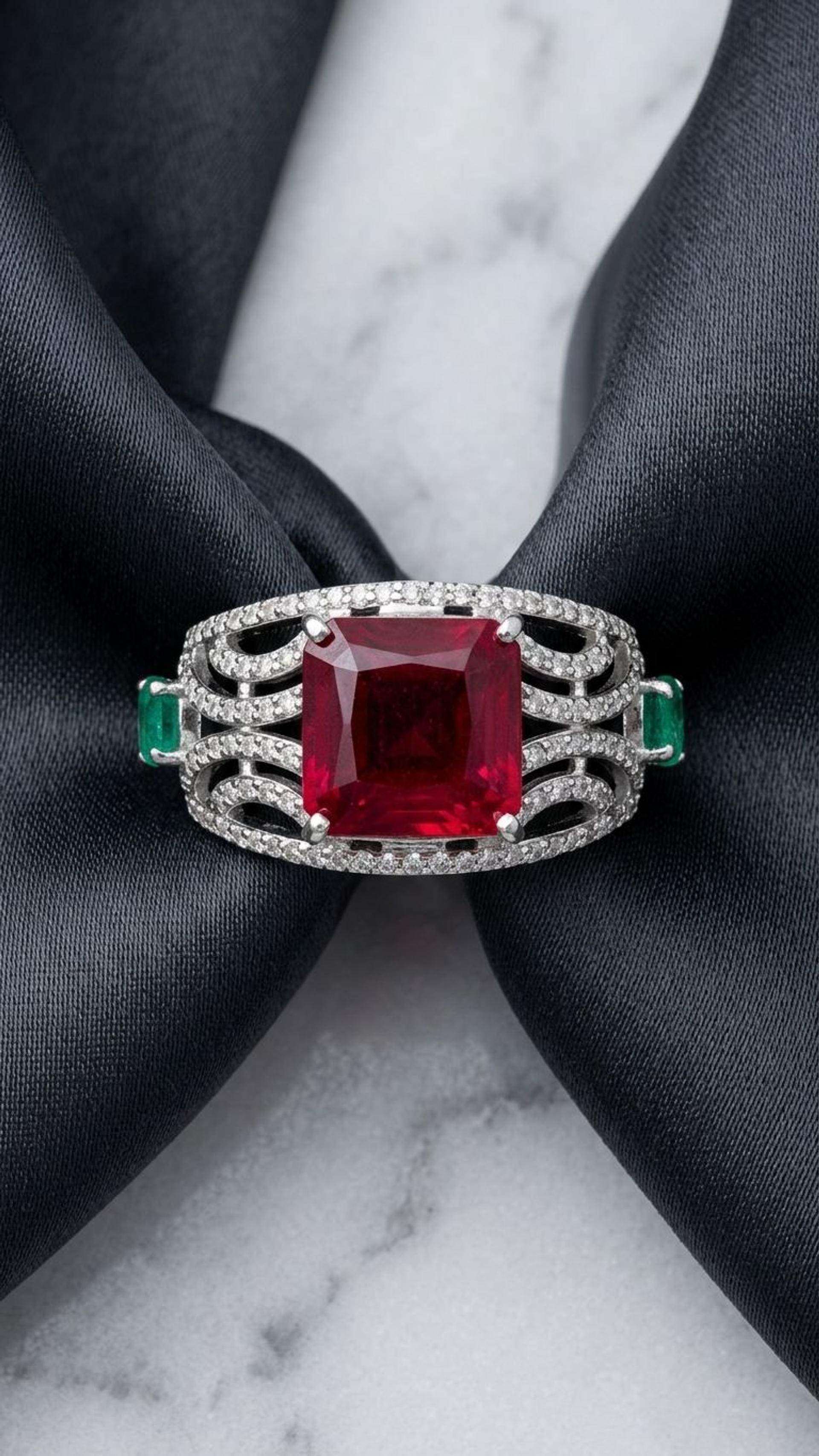 Ruby Emerald Ring view 4 — Rings in 92.5 Sterling Silver