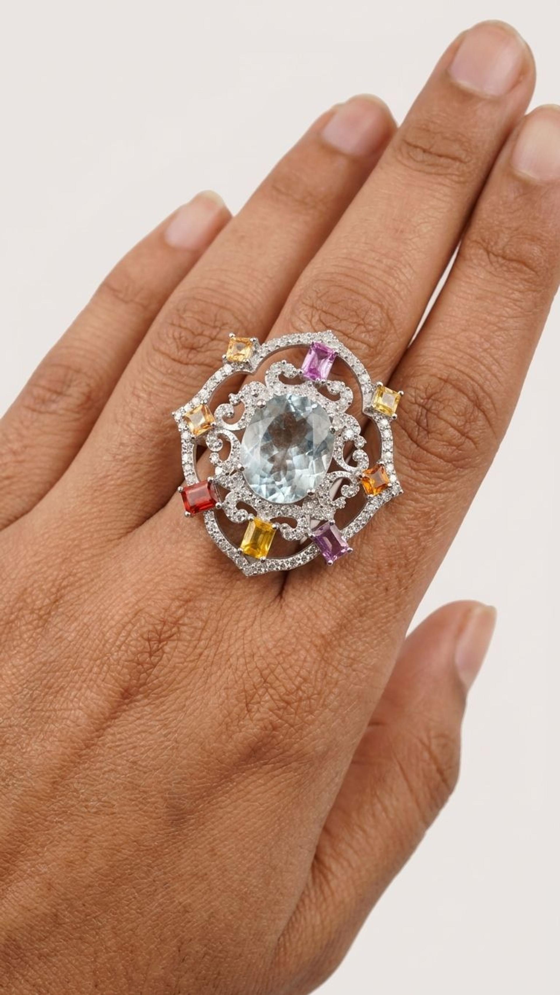 Aquamarine Multi Sapphire Brooch view 2 — Brooches in 92.5 Sterling Silver