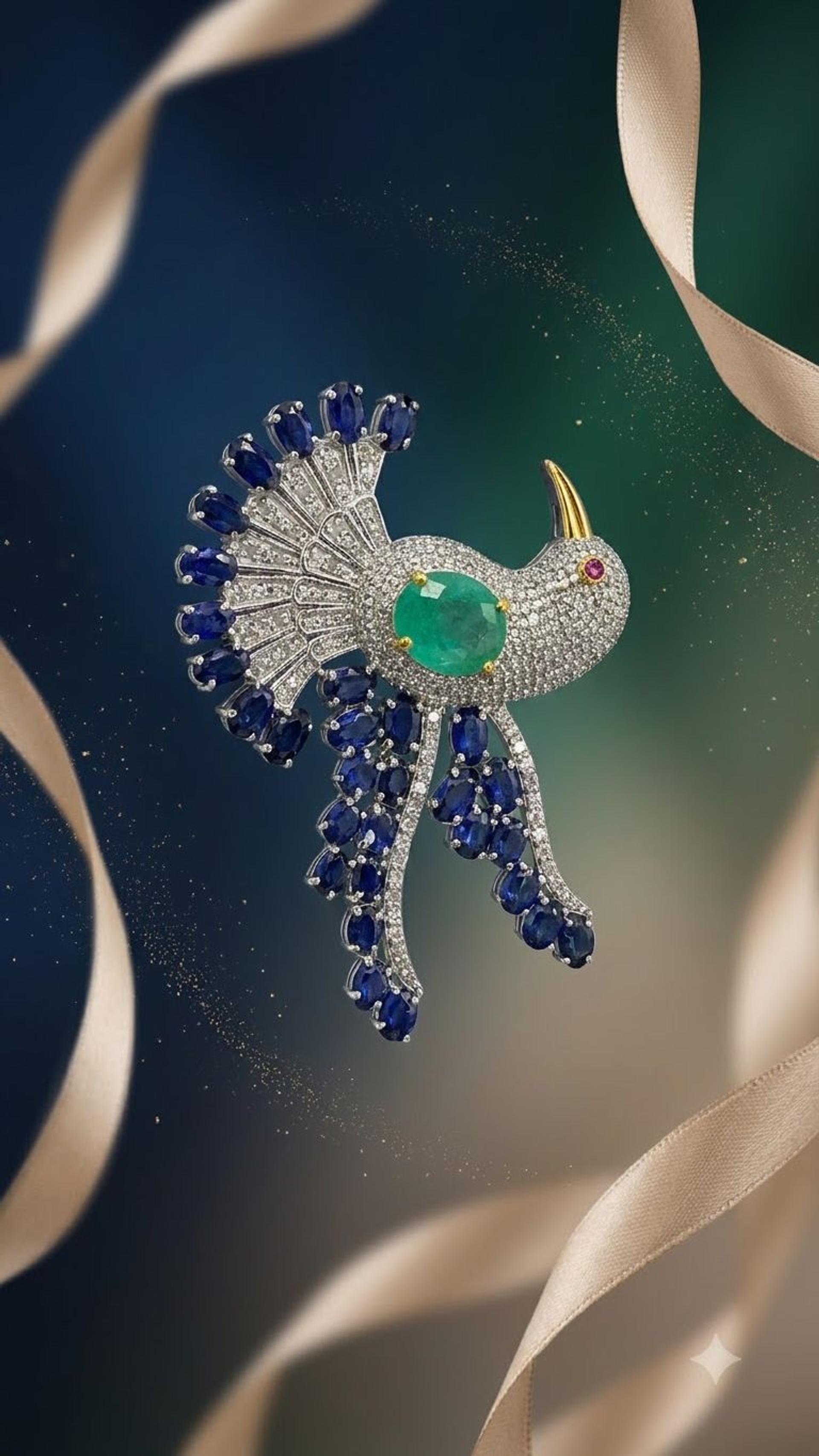 Blue Sapphire Emerald Brooch view 3 — Brooches in 92.5 Sterling Silver