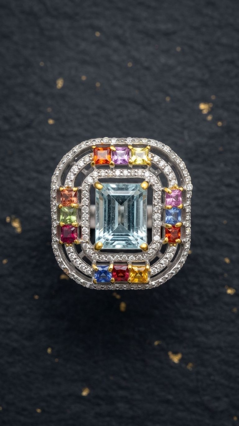 Aquamarine Multi Sapphire Ring view 2 — Rings in 92.5 Sterling Silver