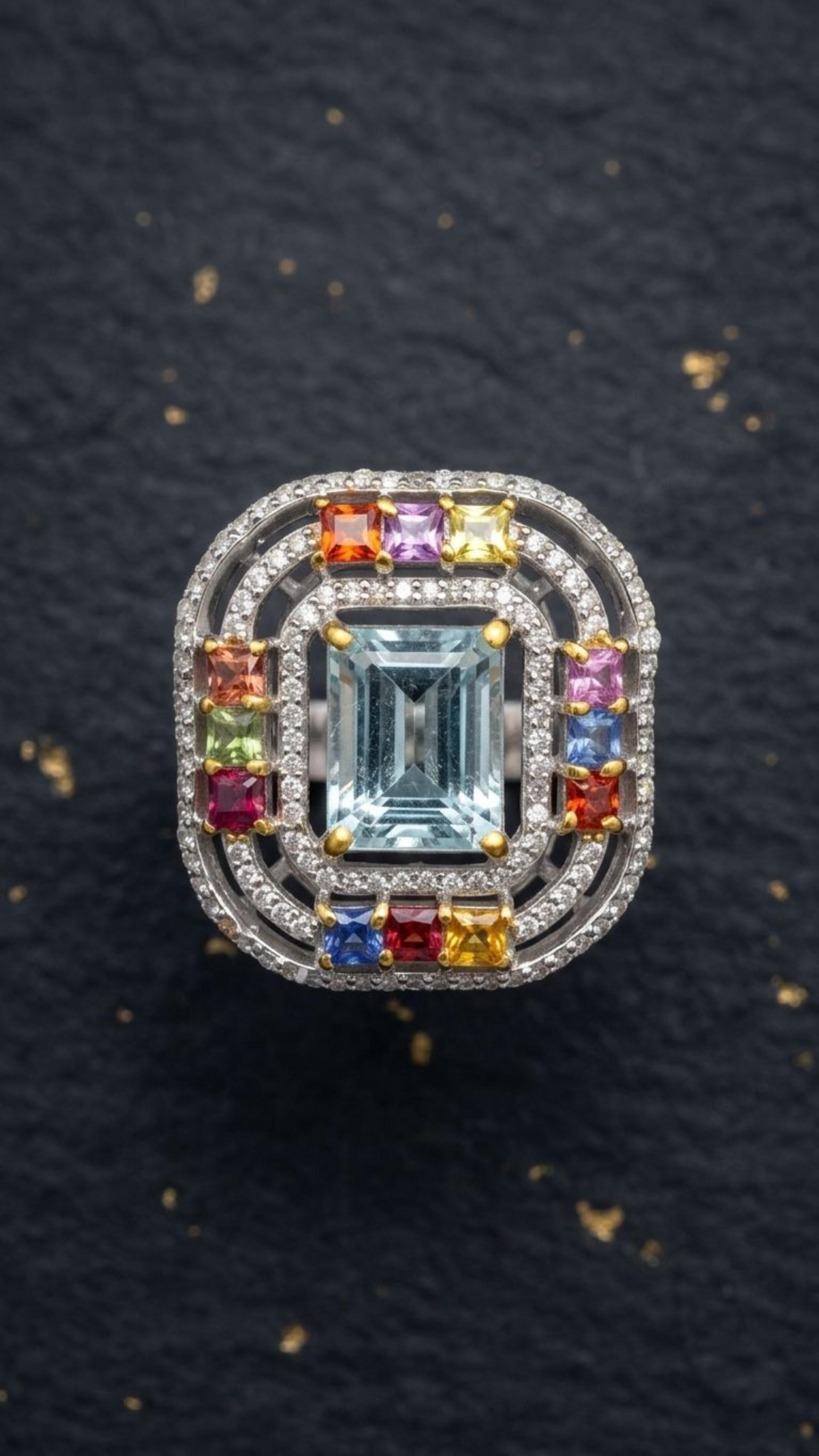 Aquamarine Multi Sapphire Ring view 2 — Rings in 92.5 Sterling Silver