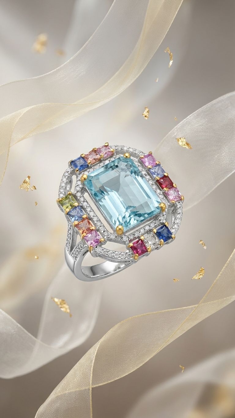 Aquamarine Multi Sapphire Ring view 4 — Rings in 92.5 Sterling Silver