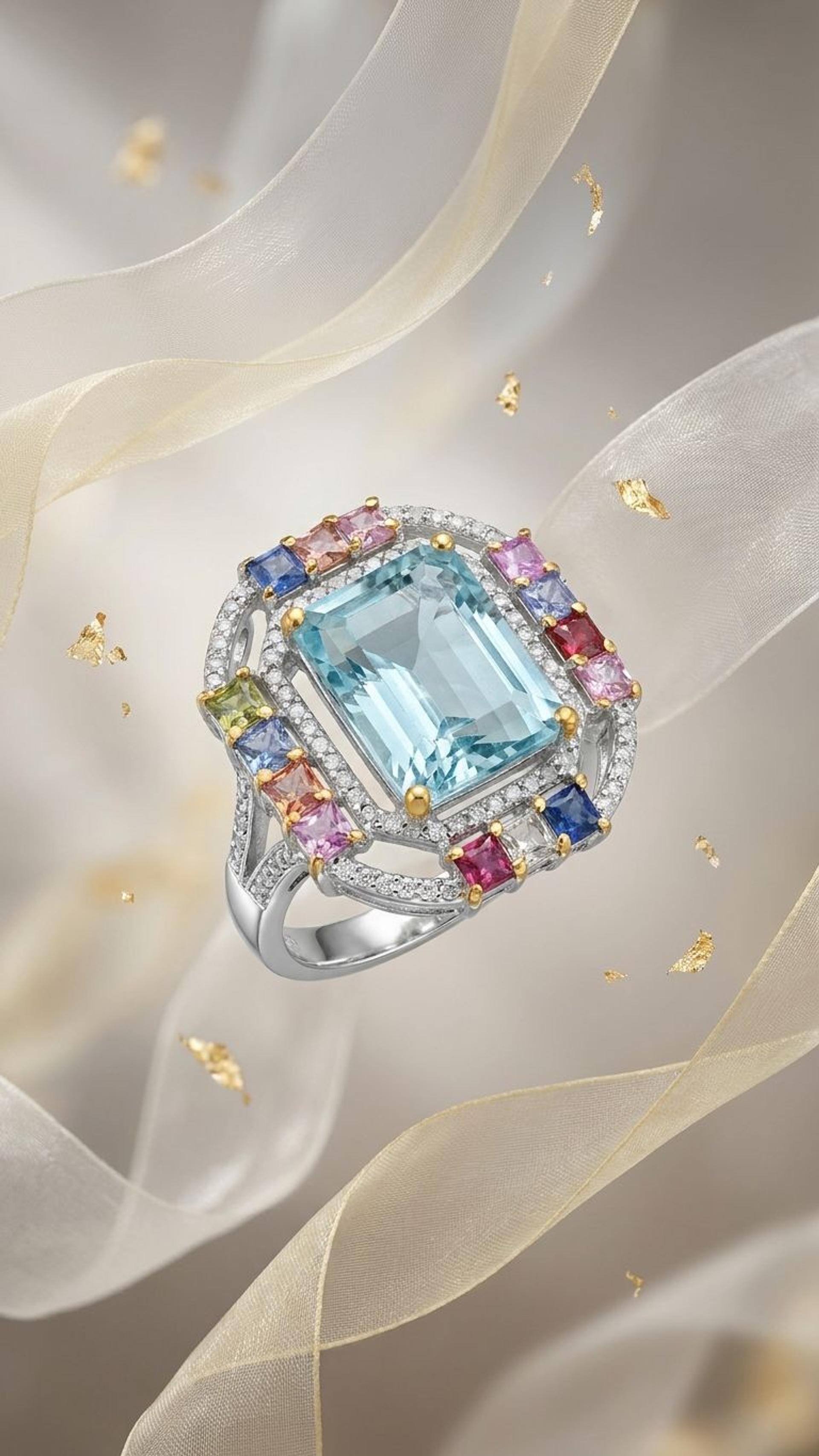 Aquamarine Multi Sapphire Ring view 4 — Rings in 92.5 Sterling Silver
