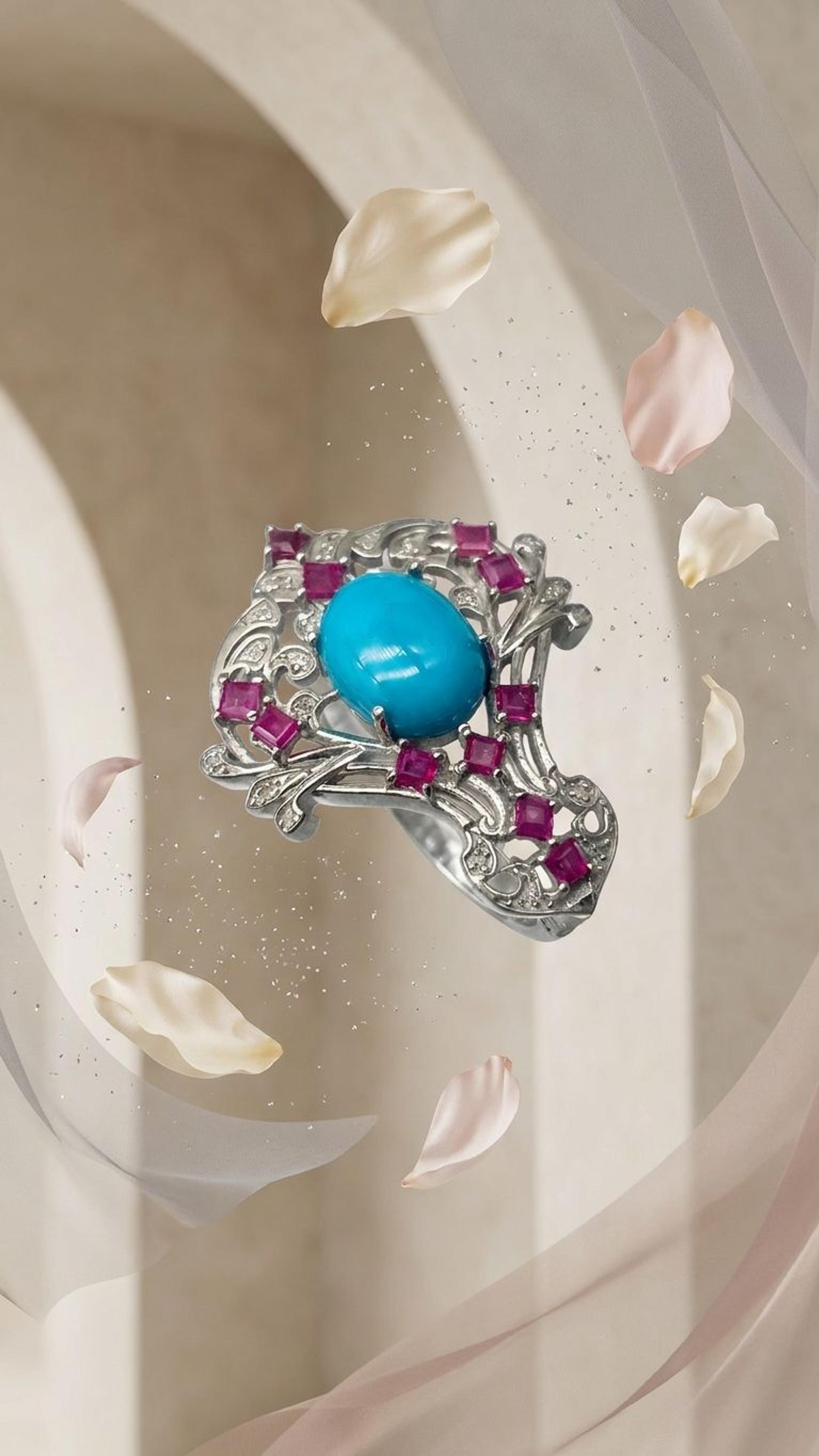 Ruby Turquoise Brooch view 4 — Brooches in 92.5 Sterling Silver