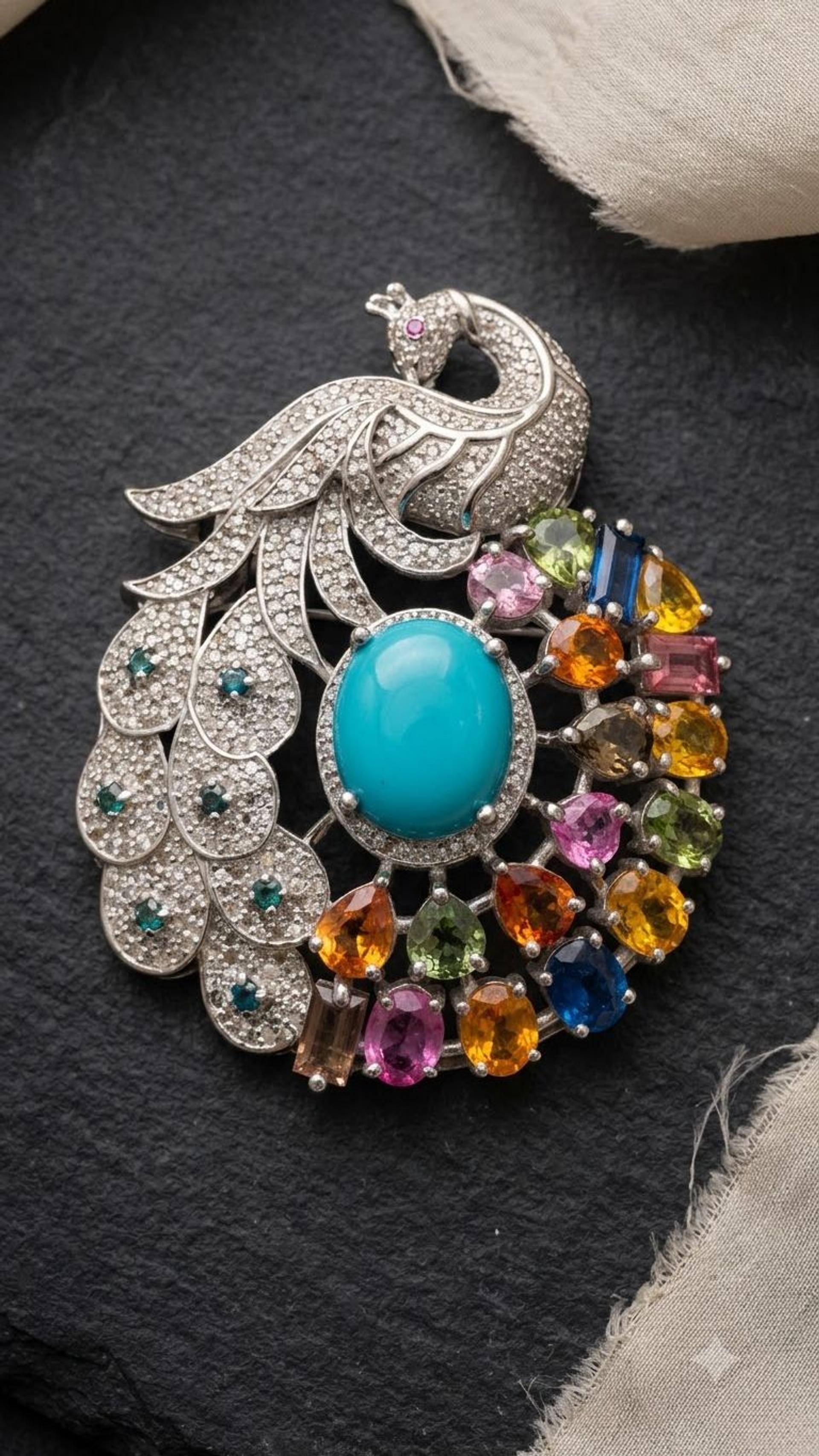 Multi Sapphire Turquoise Brooche view 3 — Brooches in 92.5 Sterling Silver