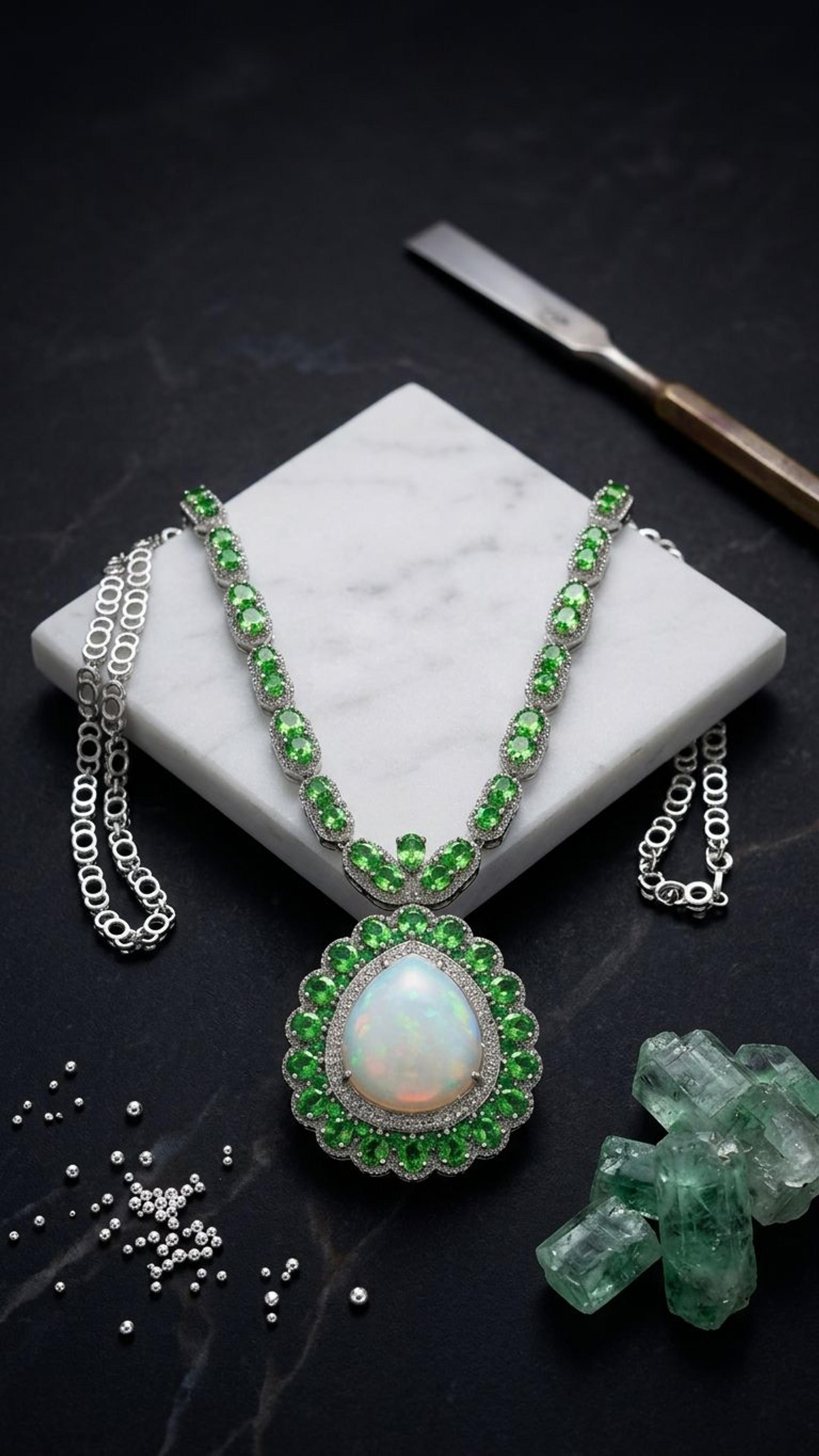 Opal Tsavorite Necklace view 4 — Necklaces in 92.5 Sterling Silver