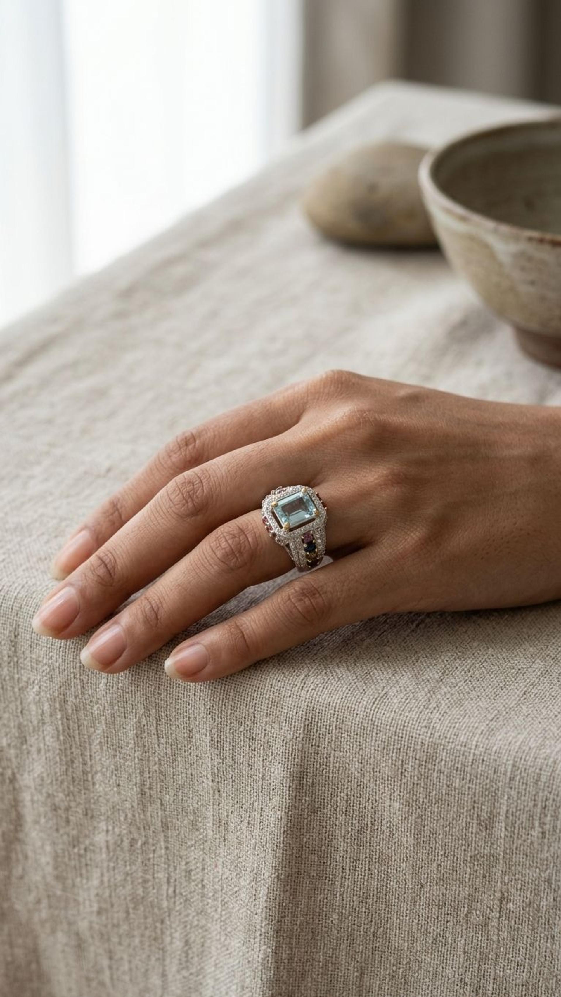 Aquamarine Multi Sapphire Ring view 4 — Rings in 92.5 Sterling Silver