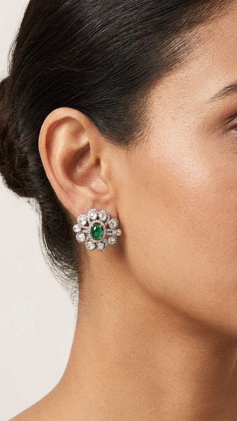 Emerald Emerald Stud in 92.5 Sterling Silver — Surya Jewellers Jaipur
