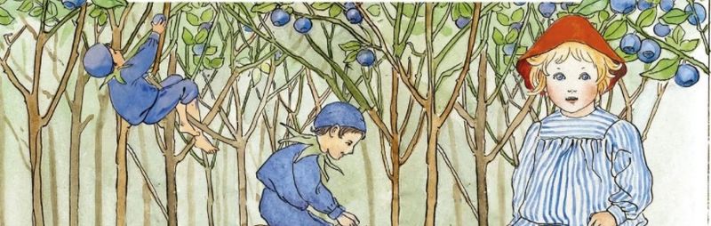 Illustrasjon med Putte i blåbærskogen og en blåbærgutt ridende på en mus