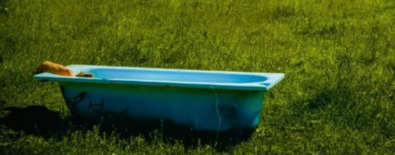 Bilde av et badekar på en åker fra omslaget til Anne Holts "Diamanter og rust"