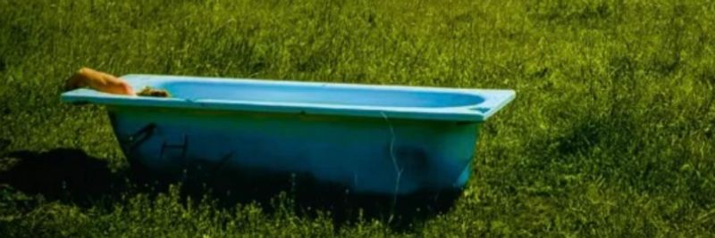 Utsnitt av omslagsbildet til Anne Holts "Diamanter og rust" med bildet av et badekar i en åker