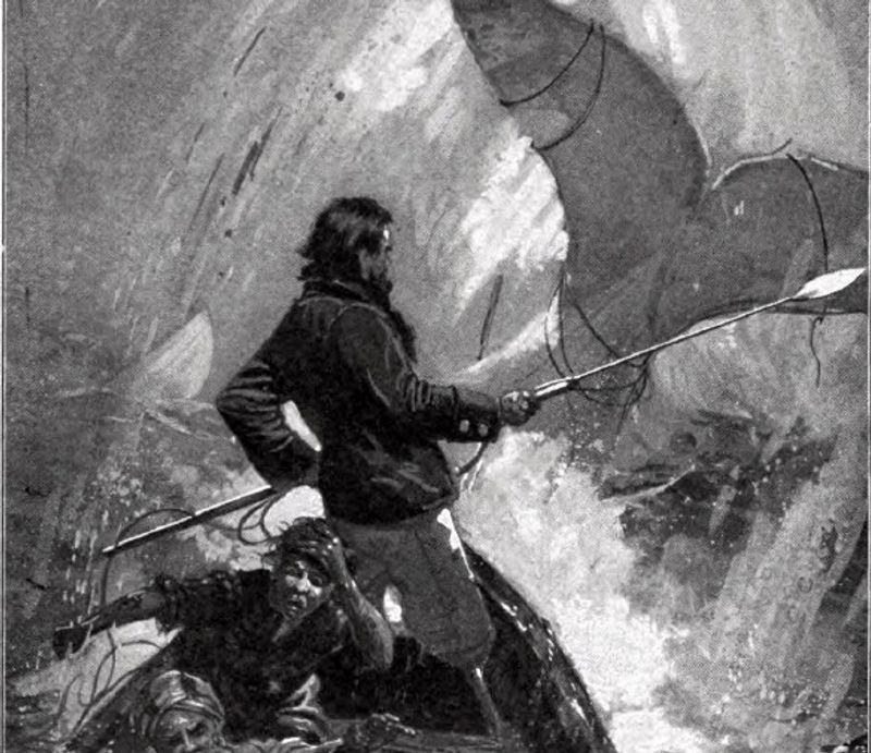 Bokillustrasjon med kjempende menn i havet mot en hval