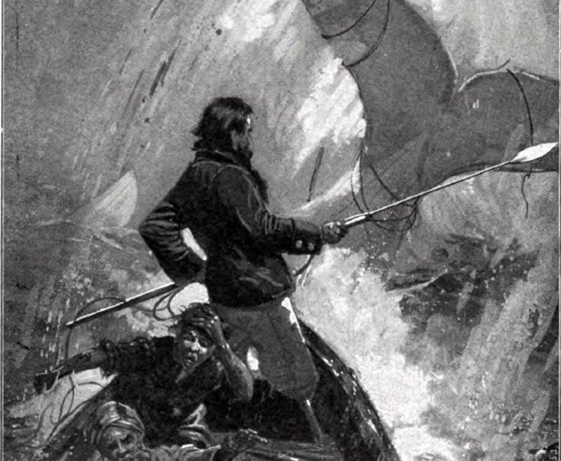 Sort hvitt illustrasjon av menn som kjemper med en hval utpå havet