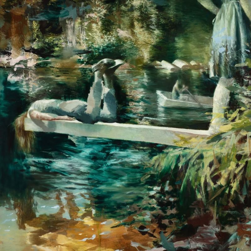 Maleri av en gutt eller jente som ligger på en brygge og ser ned i et vann