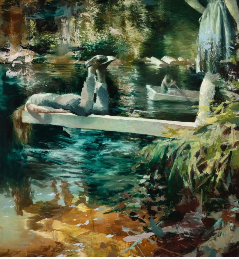 Malerie av en gutt/jente som stirrer ned i et vann. Maleri av Lars Elling