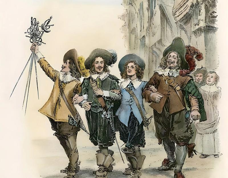 Utsnitt av det klassiske omslaget til "De tre musketerer"