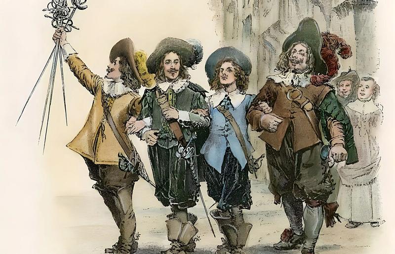 Utsnitt av omslaget på "De tre musketerer"