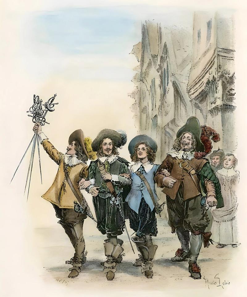 Illustrasjonsbildet på omslaget til "De tre musketerer"
