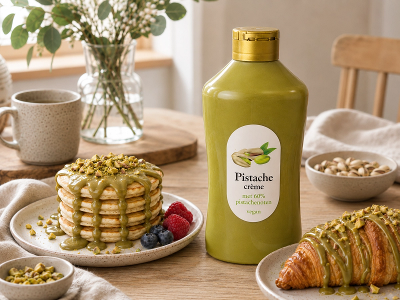 Fles pistachecrème naast een stapel pancakes met pistachecrème en een croissant