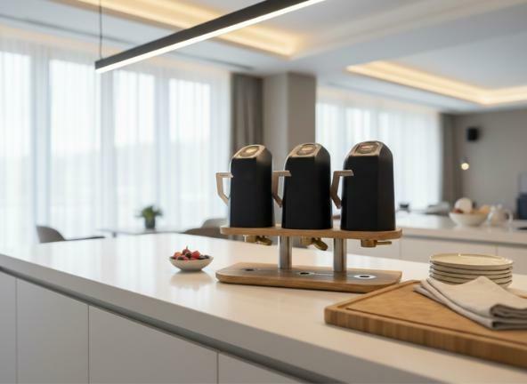 Dispenser met drie taps op een witte buffetcounter