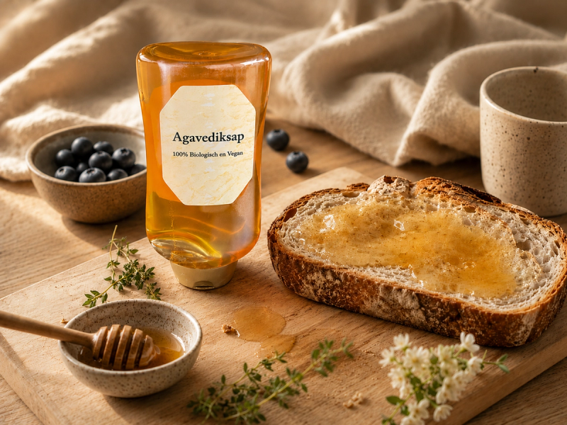 Fles agavediksap naast een boterham met honing op een houten plank