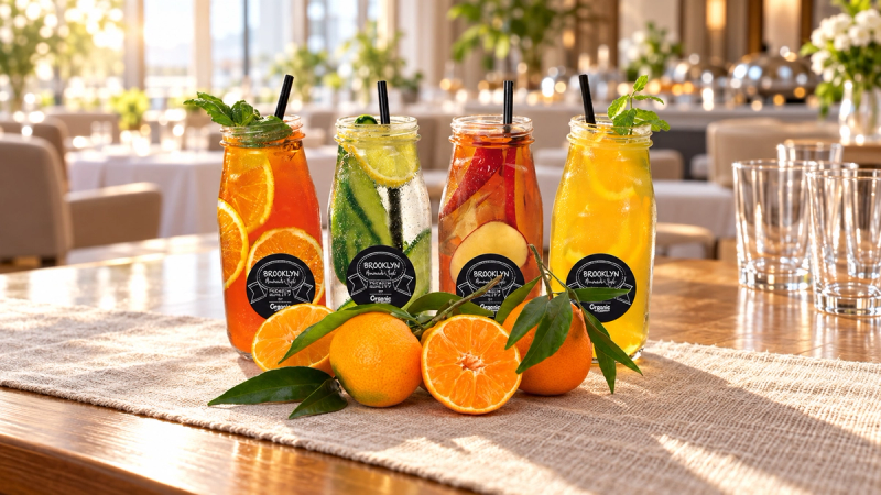 Assortiment biologische vruchtensappen voor het ontbijtbuffet