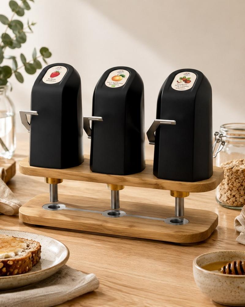 TastyJams-dispenser met drie taps op een houten voet, op een ontbijttafel met brood en granola