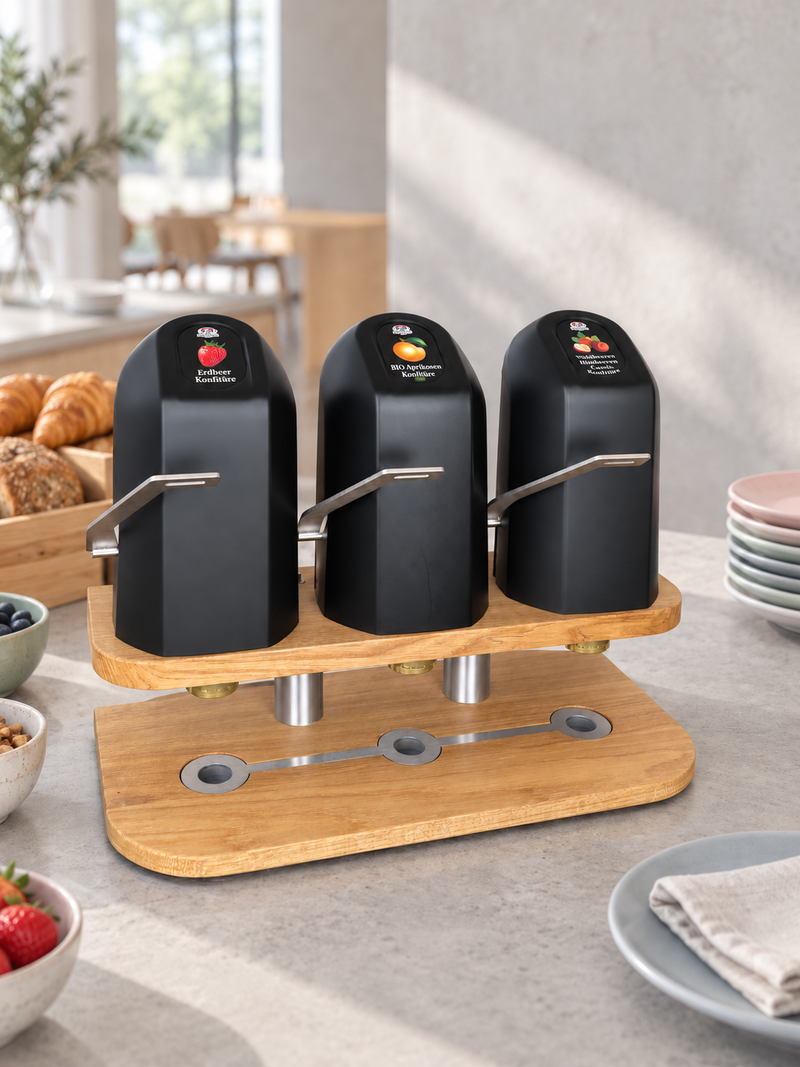 TastyJams-dispenser met drie taps op een houten voet, op een ontbijttafel met brood en granola
