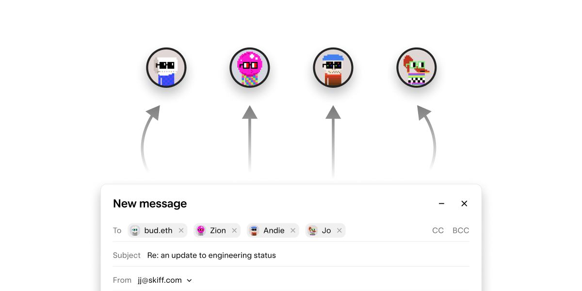 Email compose window with arrows to multiple recipients.