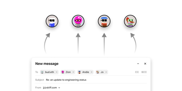 Email compose window with arrows to multiple recipients.