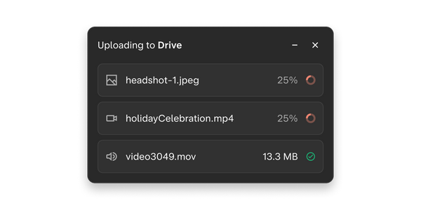 Upload progress indicator across three files.