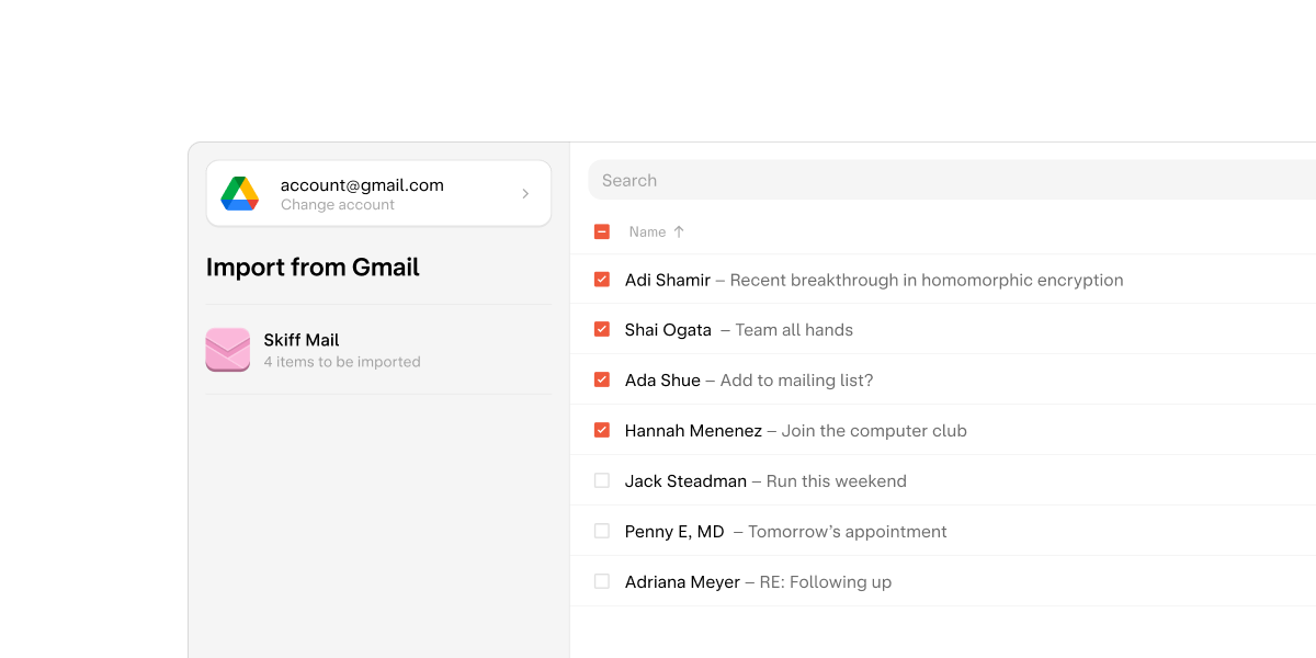 Skiff Gmail import window.