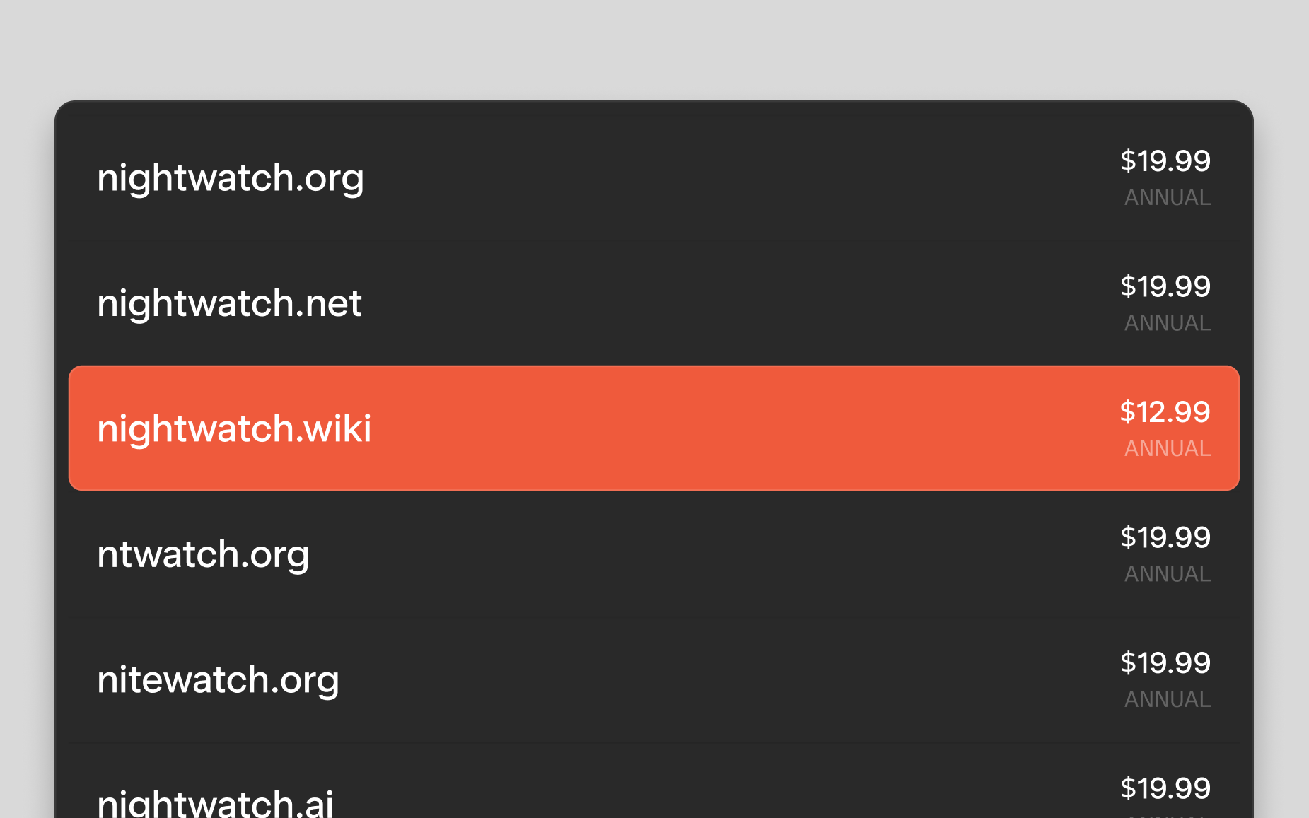 List of domains for purchase, such as nightwatch.org and nightwatch.net.