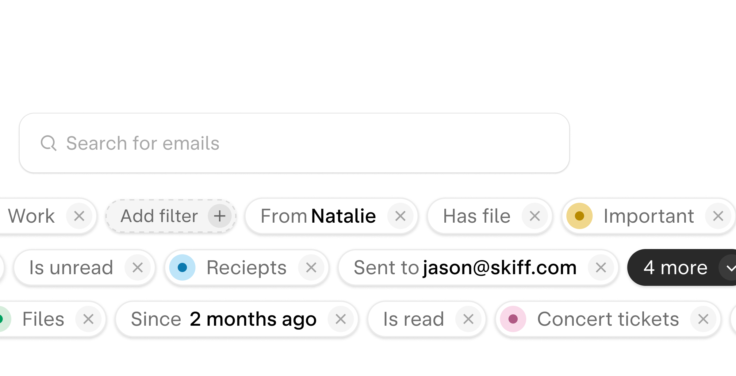Email search text field with filter options.