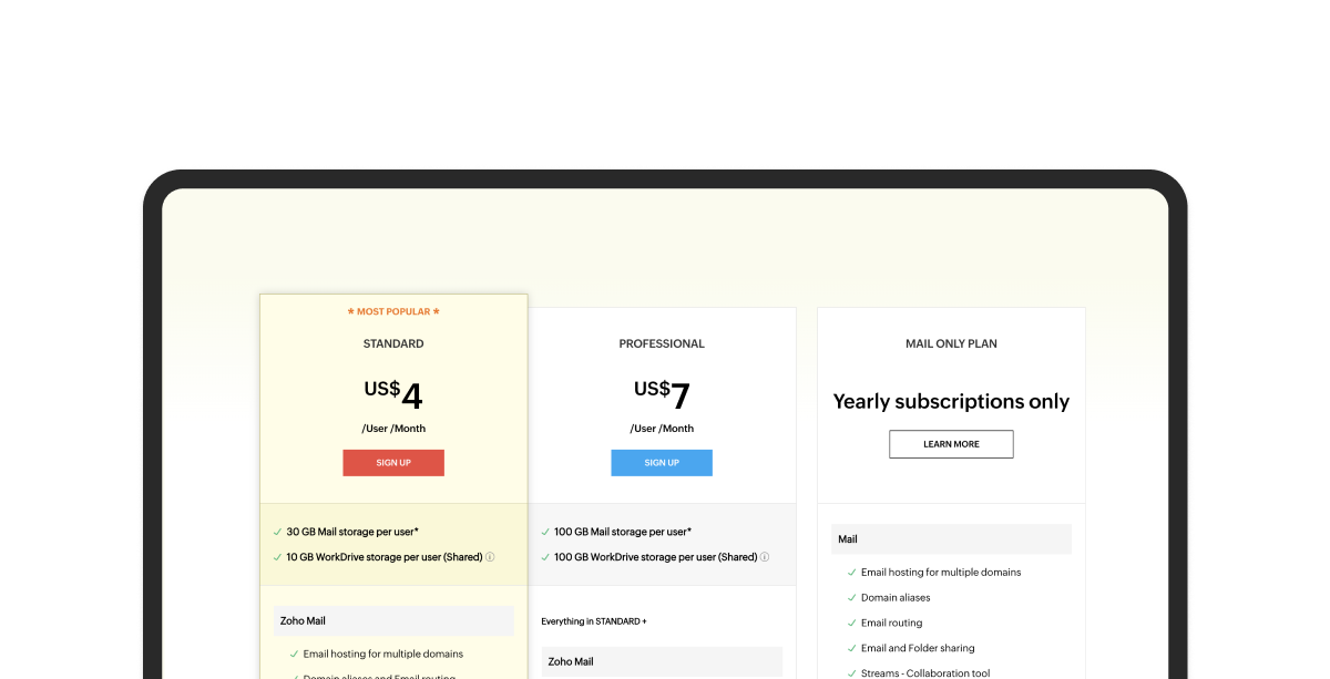 Zoho mail pricing.