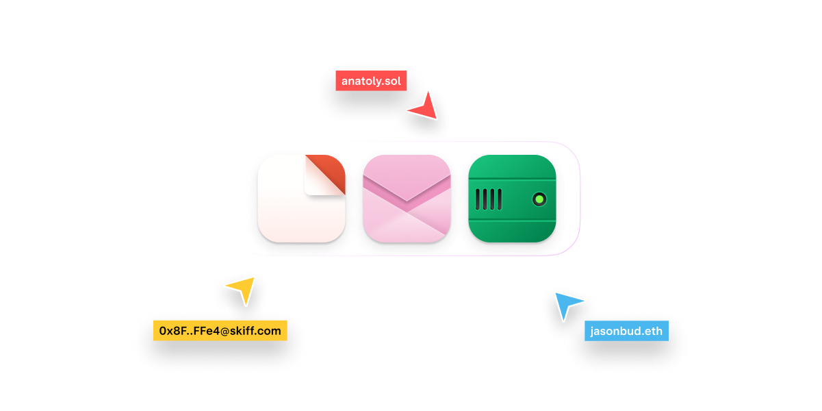 Cursors collaborating with pages, mail, and drive logos.