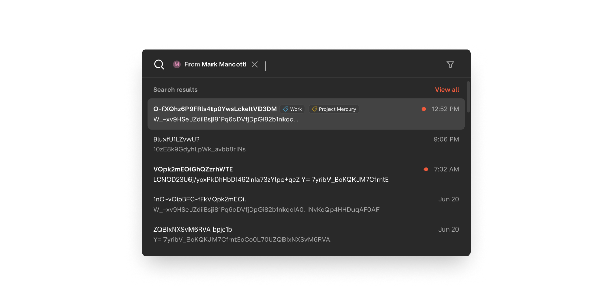 Email search results with all text encrypted.