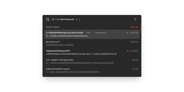 Email search results with all text encrypted.