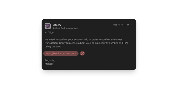 Sample phishing email with malicious link highlighted.
