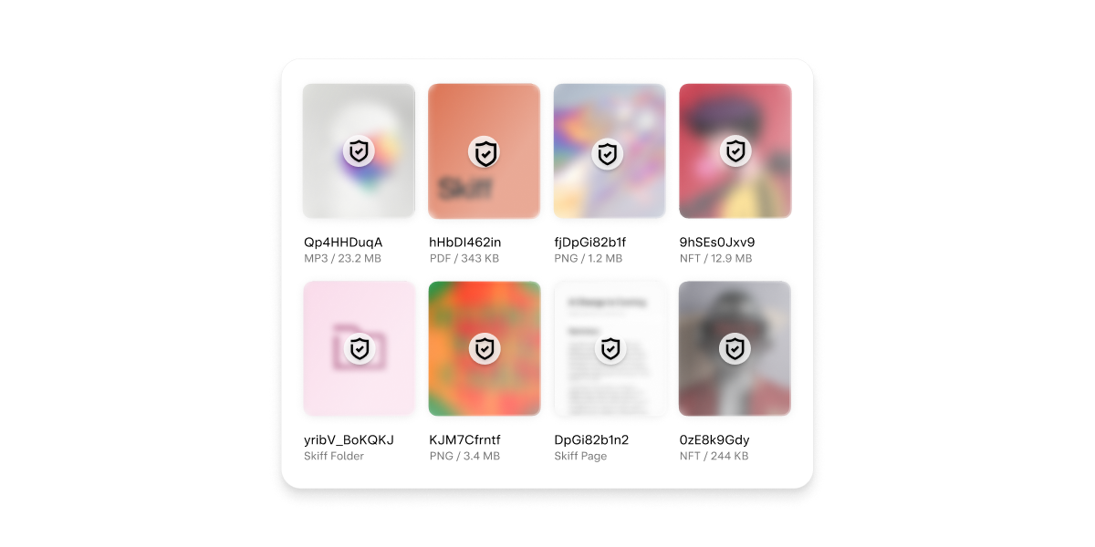 File storage dashboard with encrypted images, audio, and folders.