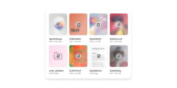 File storage dashboard with encrypted images, audio, and folders.