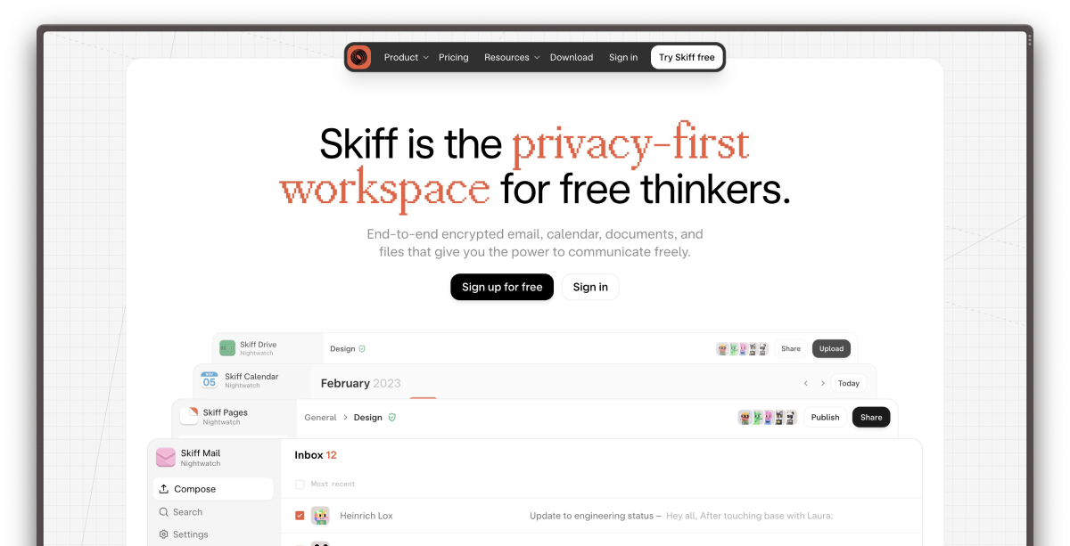 Skiff site homepage.