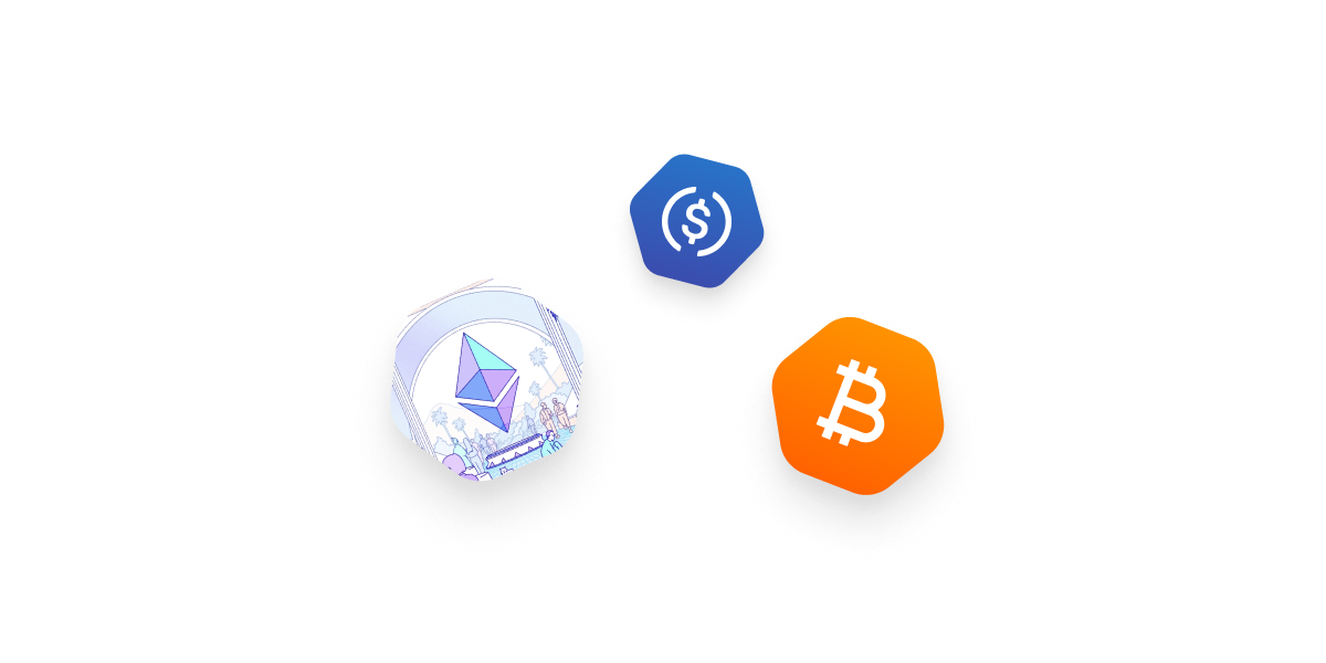Ethereum, Bitcoin, and US dollar logos.