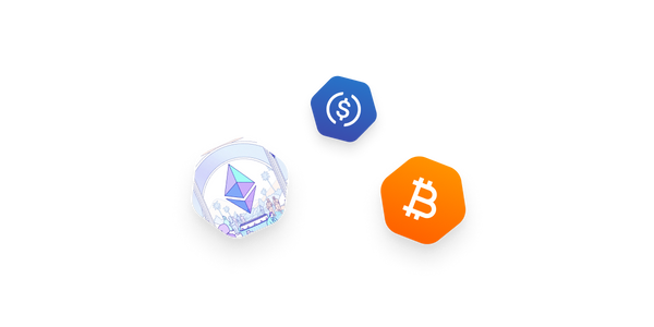 Ethereum, Bitcoin, and US dollar logos.