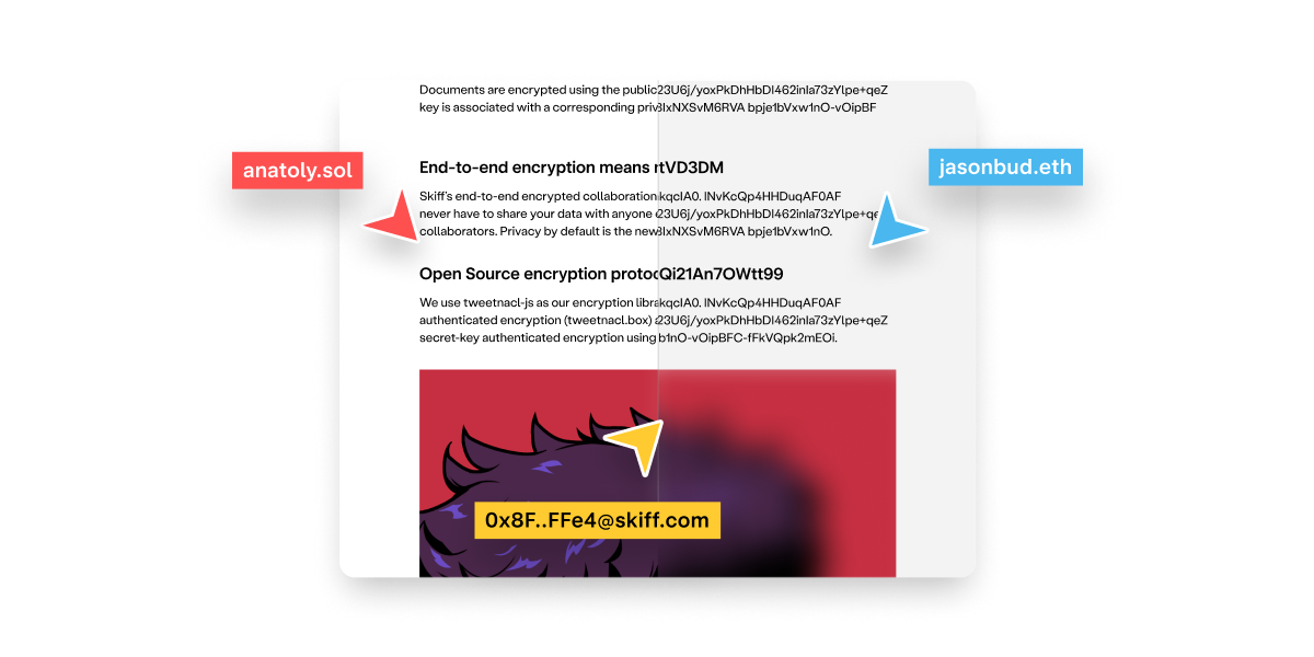 Multiple cursors collaborating on an encrypted document.