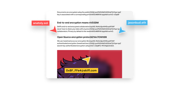 Multiple cursors collaborating on an encrypted document.
